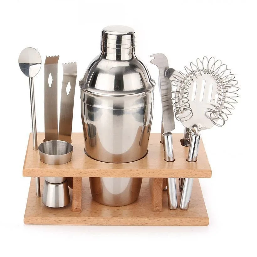 

Stainless Cocktail Shaker Set Barware Set with Wooden Rack