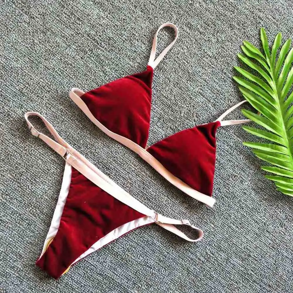 

Paotang 2021 New Split Bikini Fashion Plush Fabric Ladies Solid Color Shoulder Strap Swimwear Triangle Thong Can Be Worn Sexy XL