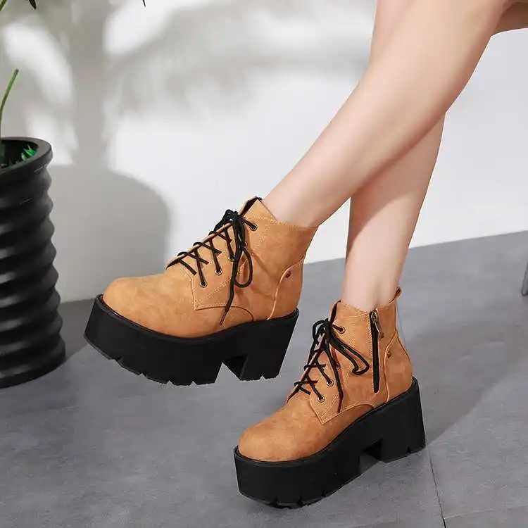 

Brown Women Boots Platform Thick Heels Winter Ankle Boots Bottom Thick Belt High Heel Boots Lace-Up