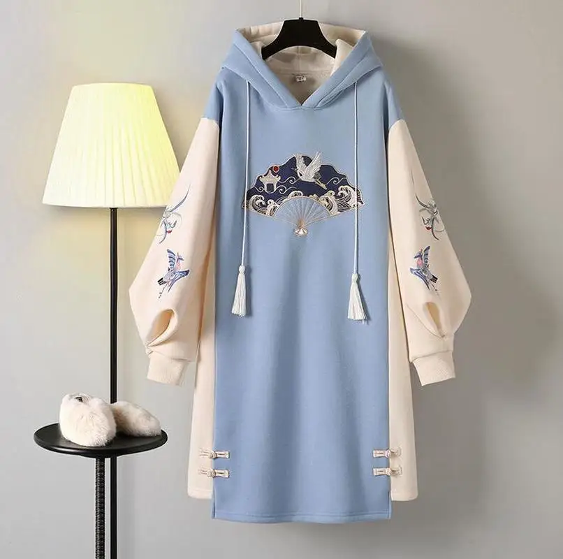 

Women's Autumn Dresses 2021 New Chinese Style Improved Cheongsam Hooded Dress Temperament Was Thin Female Plus Size Dress