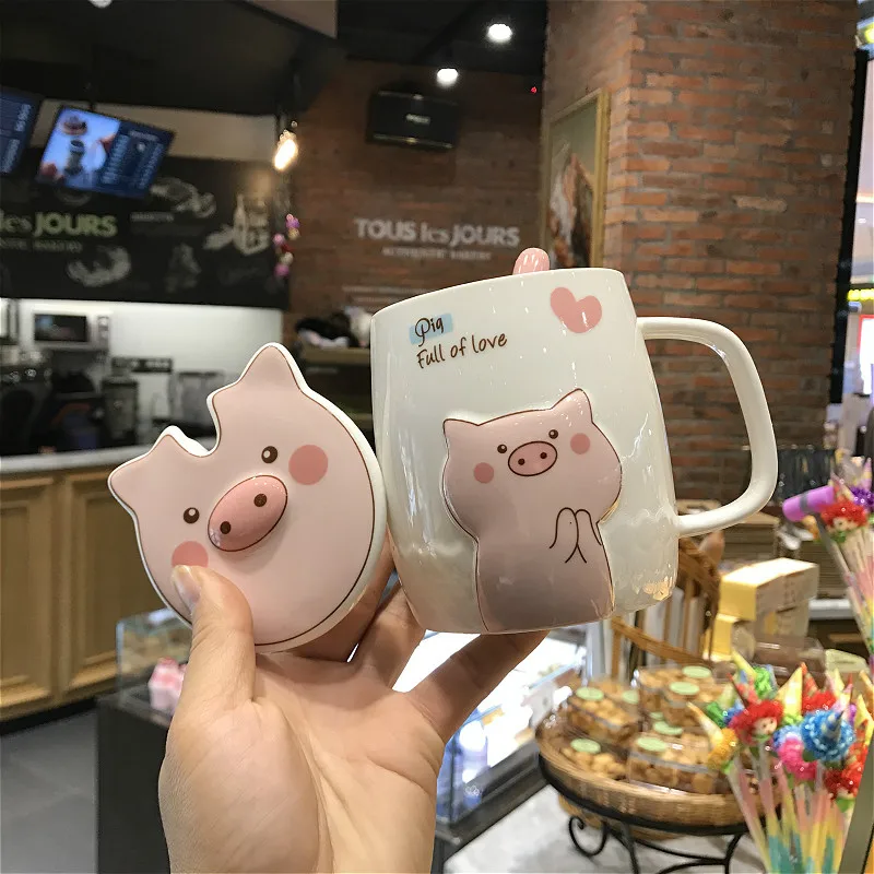 

Cartoon Cute Coffee Mug Ceramics with Spoon Lid Large Capacity Breakfast Cup Creative Girl Espresso Cup Caneca Drinkware DA60MKB
