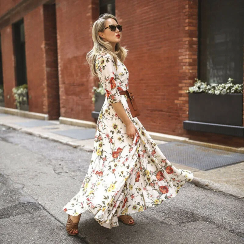 Новинка женское богемное длинное платье макси с цветочным принтом летнее