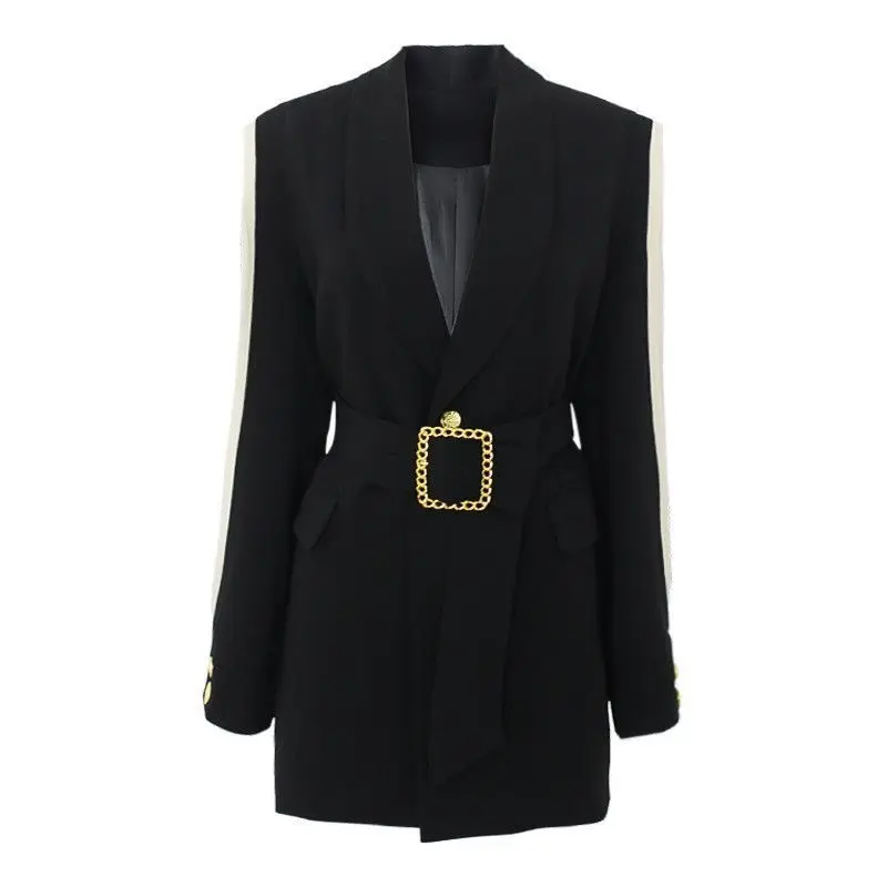 

DEAT Women Black Patchwork Beltless Pockets Button Single Blazer New Notched Long Sleeve Slim Jacket Fashion Summer 2021 7E355