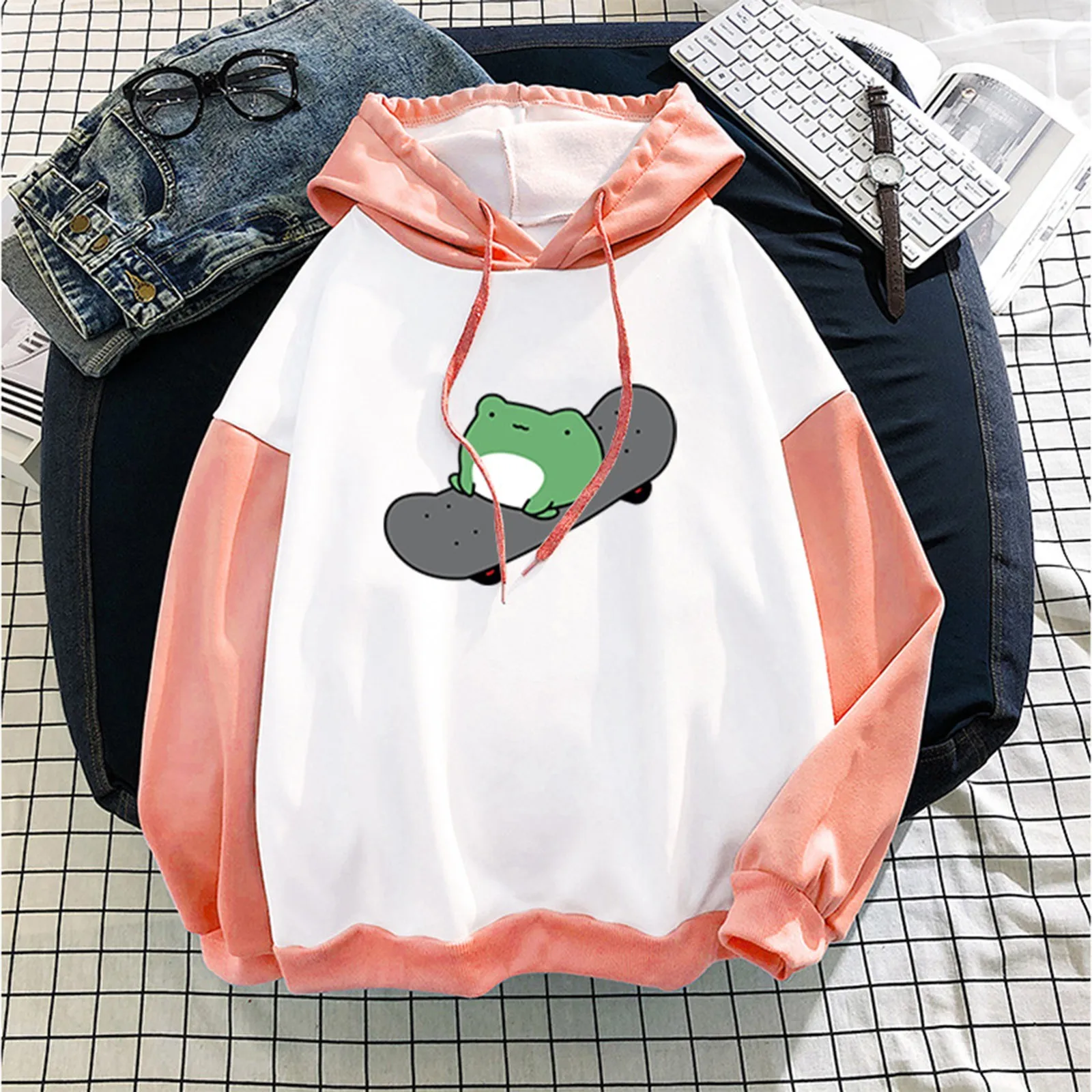Women's Fashion Hoodie New Stitching Cute Plus Skateboard Frog Printed Velvet Long-sleeve Hooded Sweatshirt Top Sudaderas