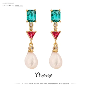 Yhpup Trendy Natural Pearls Dangle Earrings Exquisite Bling Cubic Zirconi Crystal Earring Jewelry We