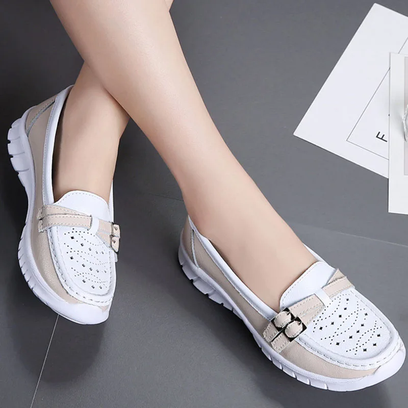Women Loafers Shoes Genuine Split Leather Slip on Buckle Flat Heel Ballerines Ladies Sneakers Work Zapatos De Mujer 1840W | Обувь