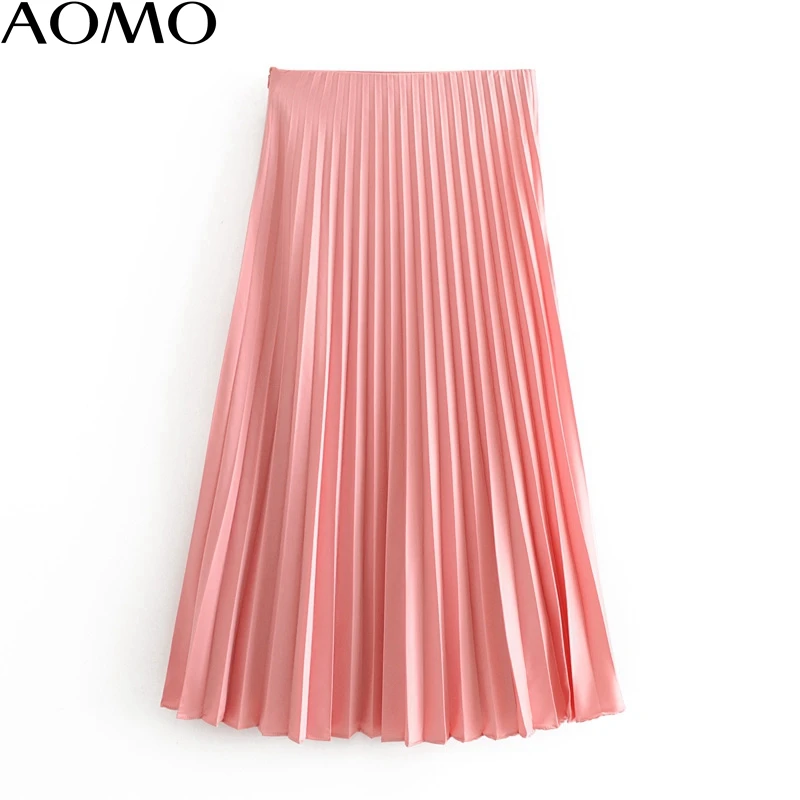 

AOMO women candy color pleated midi skirt faldas mujer vintage side zipper office ladies elegant chic mid calf skirts 6A140A