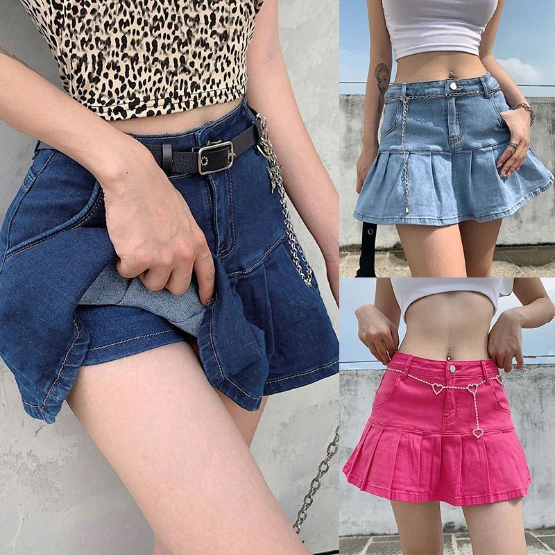 

Women Trendy High Waist Pleated Skirt Mini Dress Solid Color Sweet Ruffles Vitality Skirt Ladies 1PC Stretch Denim Skirt
