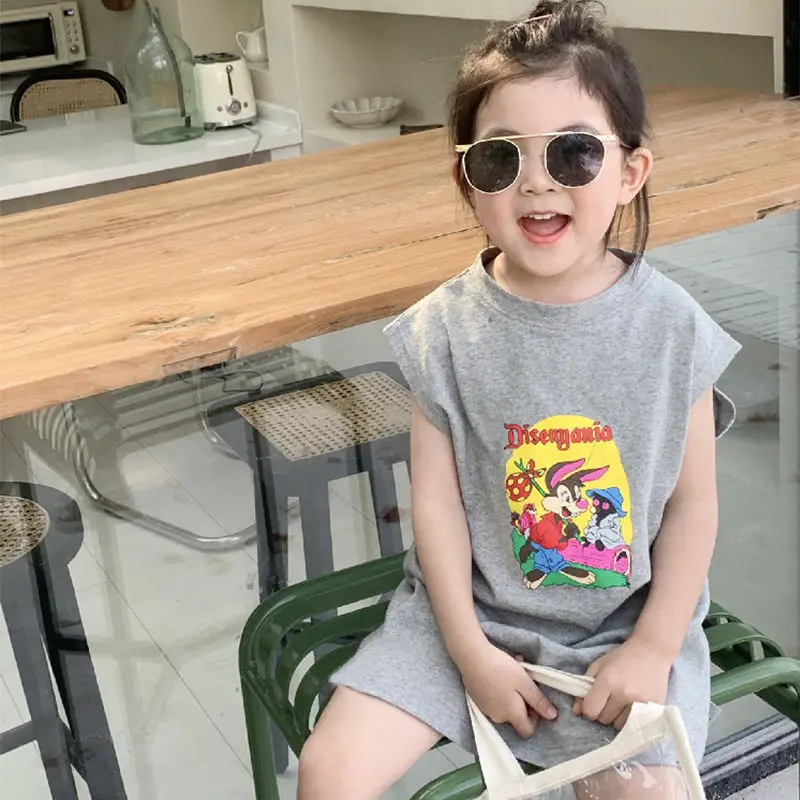 

2021 ropa para niños verano niñas nuevo vestido de manga corta estilo occidental casual de longitud media camiseta falda chaleco