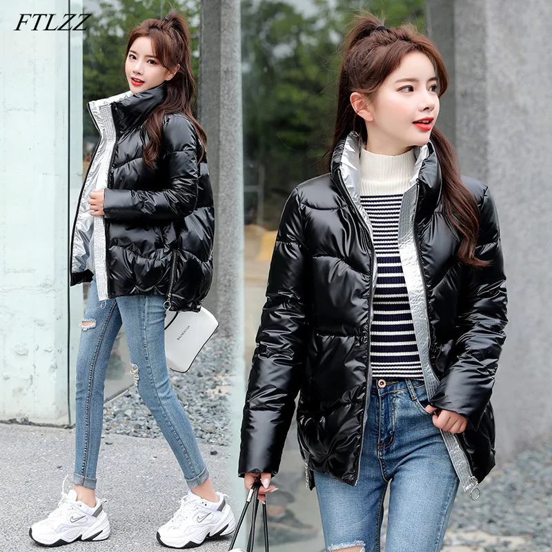 

FMFSSOM New Winter Elegant Women Cotton Thick Warm Bright Side Coat Solid Casual Street Jacket Outwear Zipper Closure