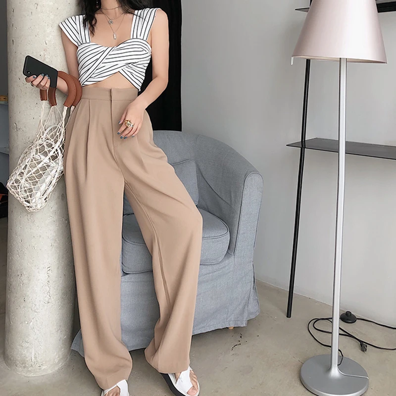 

SISPELL Solid Color Ruched High Waist Women's Straight Wide-leg Pants Loose For Female Casual Trousers 2020 Fashion Autumn New