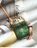 niche design metal bracelet drawstring bucket genuine leather woven mini shoulder bag handmade vegetable tanned leather handbag