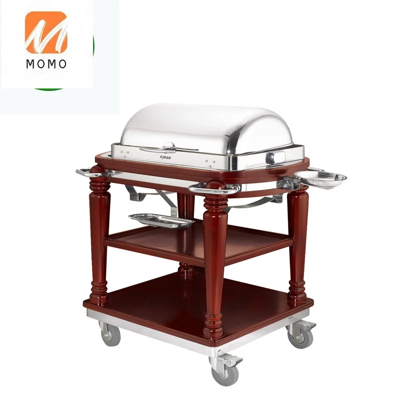 

5 star equipment hotel 3 tier cherry red wooden flambe trolley cooking cart