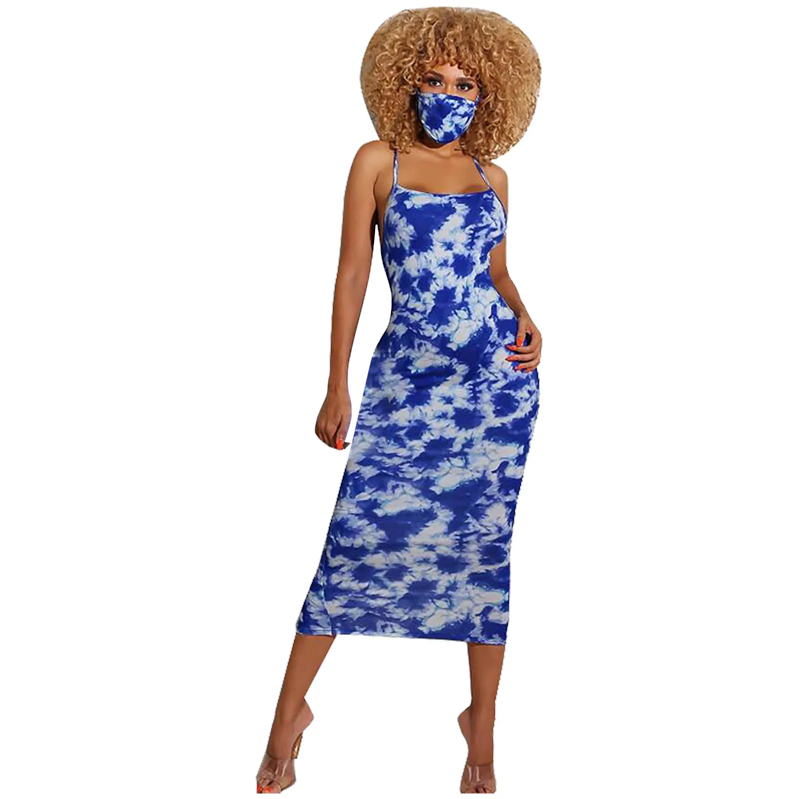 

Tie Dye Printed Sundress Summer Womens Fashion Sexy Suspenders With Masks Sexy Bag Hips Long Skirt Dress 615#G