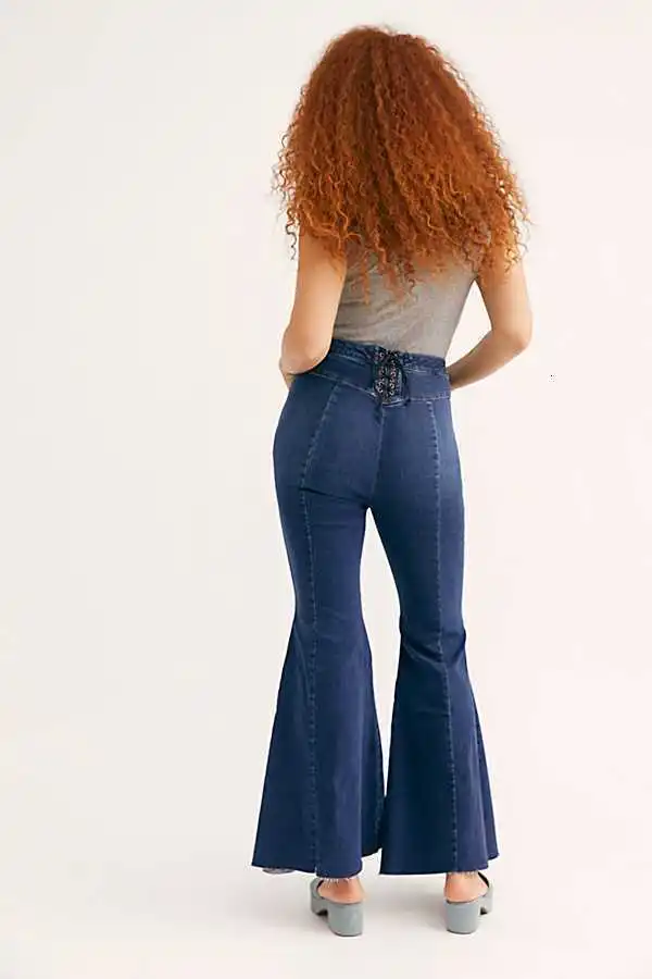 Womens Flare Jeans High Waisted Wide Leg Jean Woman Fashion Sexy Push UP Back Bandage Denim Pants Long Bell Bottom Skinny Jeansy | Женская