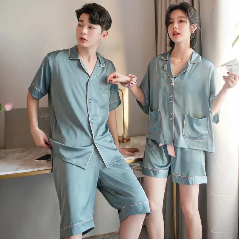 Summer Silk Set Short Sleeve With Pocket Shorts Sleepwear Men and Women Loose Style Home Suit  couple pajamas