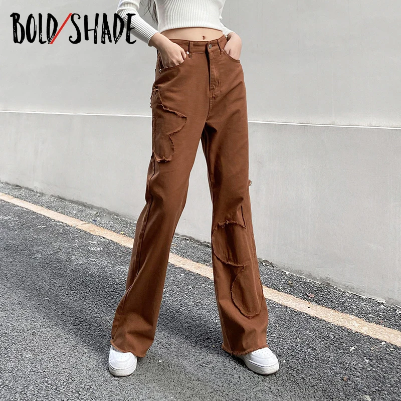 

Bold Shade Indie Clothes Aesthetic Women Jeans Floral High Waist Brown Wide Legs Pants Denim Skater Style 90s Vintage Streetwear