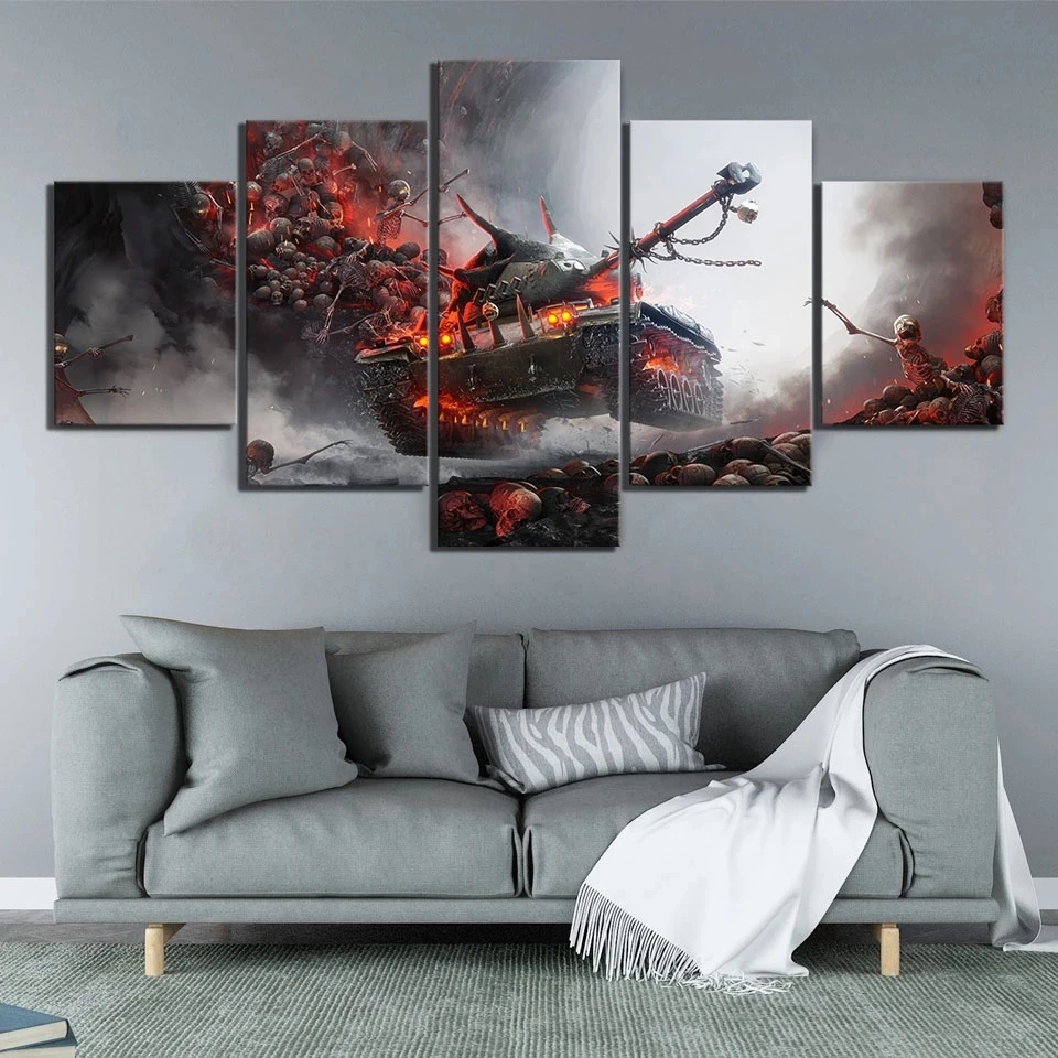 

Canvas Painting Wall Art Poster 5 Panel World Of Tanks Skulls Pictures HD Prints Modern Home Decor Living Room Modular Framed