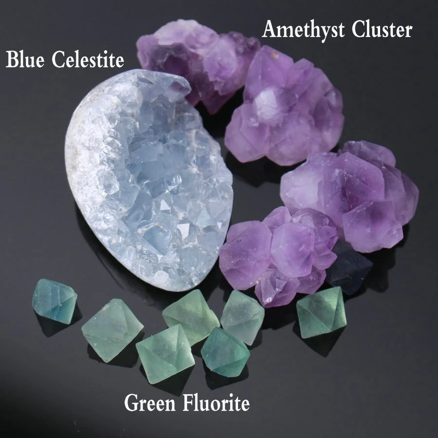 Набор микс натуральный кристалл синий Celestite &amp ametryst кластер Green fluorite Geode cluster