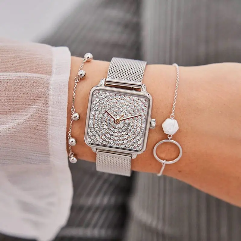 

New Fashion Watch For Women Luxury Diamond Square Quartz Ladies Watches Stainless Steel Strap Women's Clock Reloj Zegarek Damski