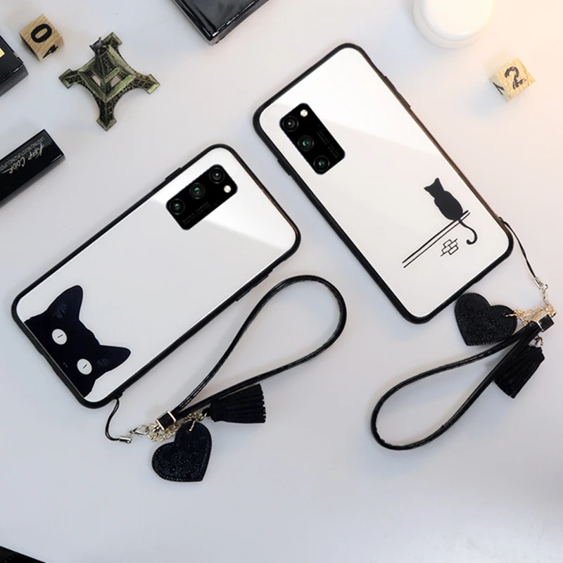 

For OPPO Realme 5 pro 5i 5S C3 C11 Q C2 3 6 Pro Case Cute Cartoon Cat Hard Glass Cover For Realme 6 2 x2 X xt x50 pro Give Strap