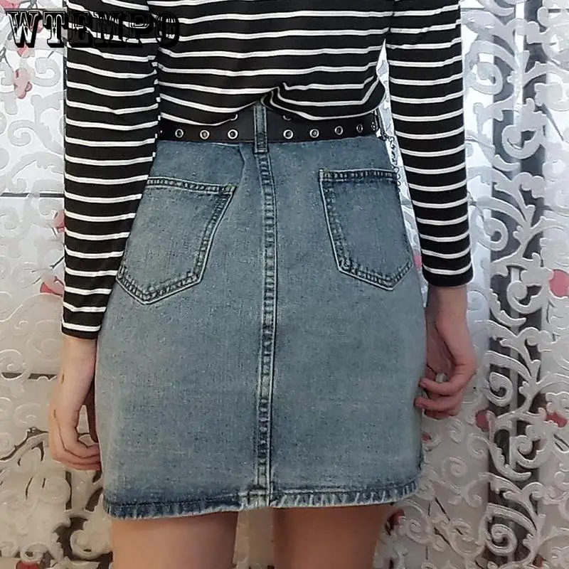 

Women Blue Denim Mini Skirts Summer Plus Size High Waist Sexy Skirt with Belt Goth Y2K Solid Casual Button Closure Jupe Femme