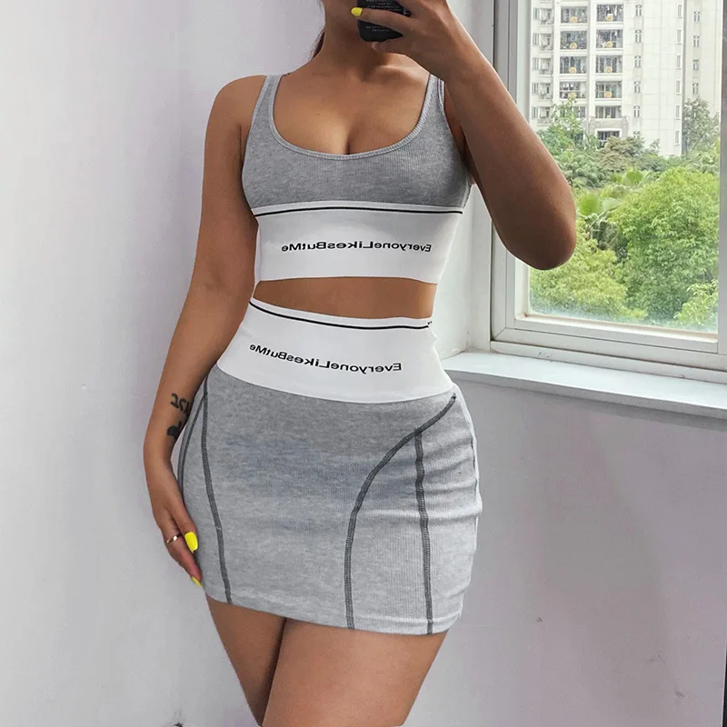

2021 Summer New Print Letter Women Knit Ribbed Two Piece Set Crop Tank Top And Mini Dress Bodycon Matching Sets