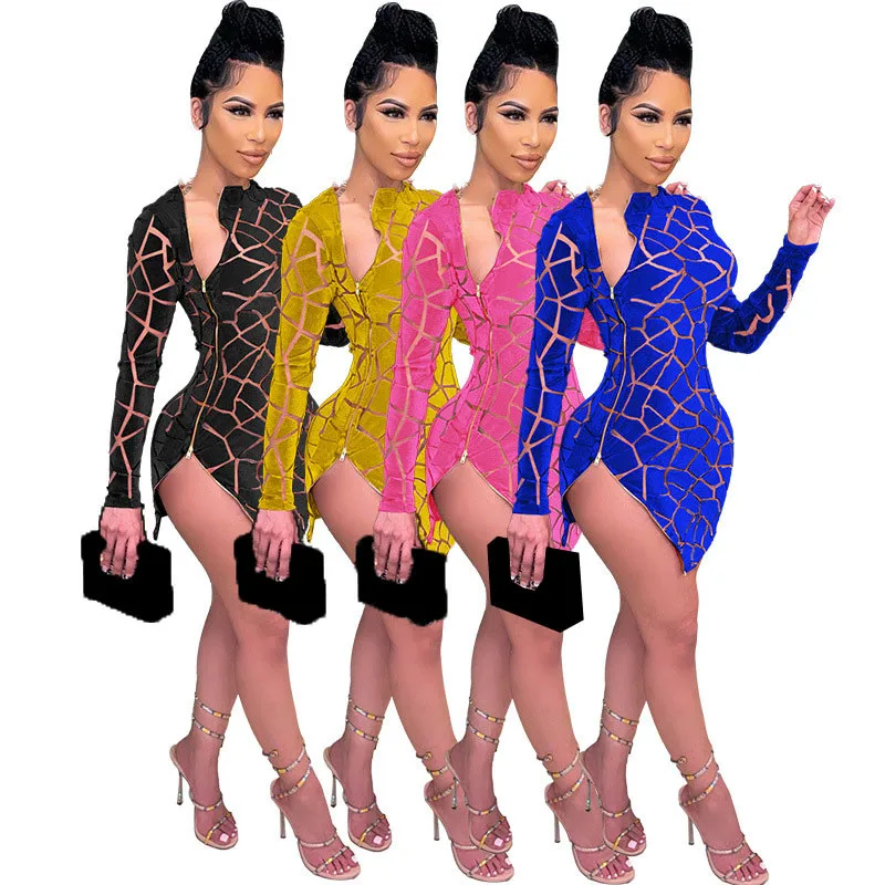 

WUHE Print Sexy Mini Dresses Long Sleeve O Neck Side High Split Zipper Up Hollow Out Bag Hip Slim Nightclub Party Casual Wear