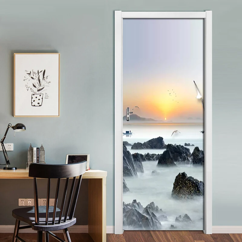 ПВХ самоклеющиеся 3D наклейки на дверь восходящие солнечные чернила пейзаж DIY