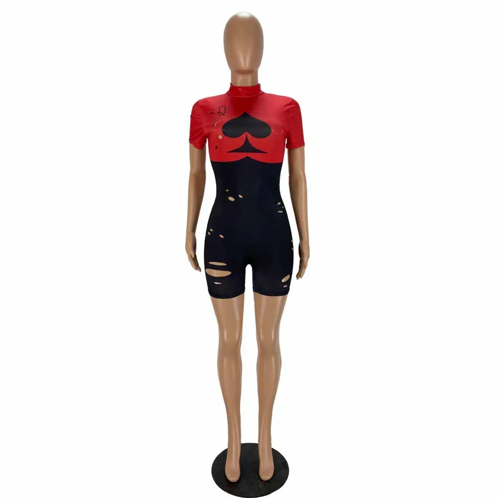 

Solid Color Poker Spades Q Print Casual Patchwork with Holes Summer Women Jumpsuit Sexy Style Rompers Bodysuit