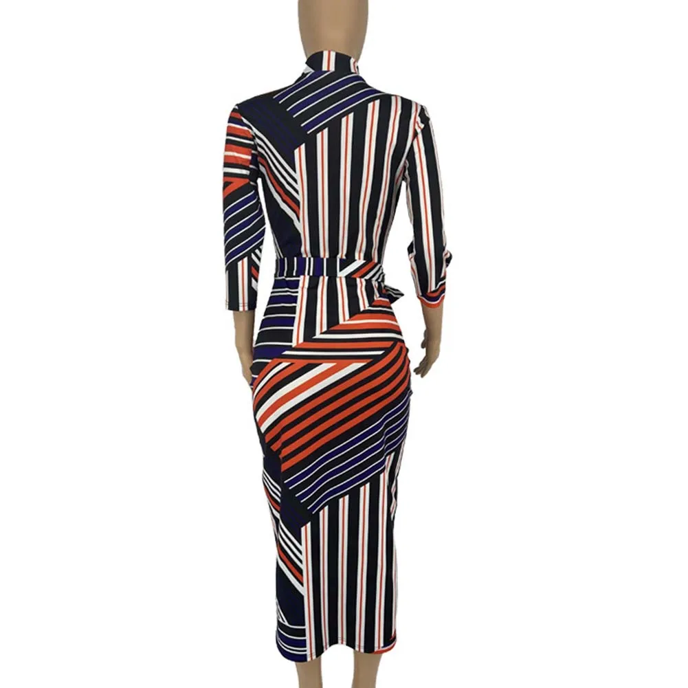 2019 Autumn African Bodycon Dress For Women Dashiki stripe Print Zip Sexy V neck Plus Size Elastic Ankara Slim Clothing | Тематическая