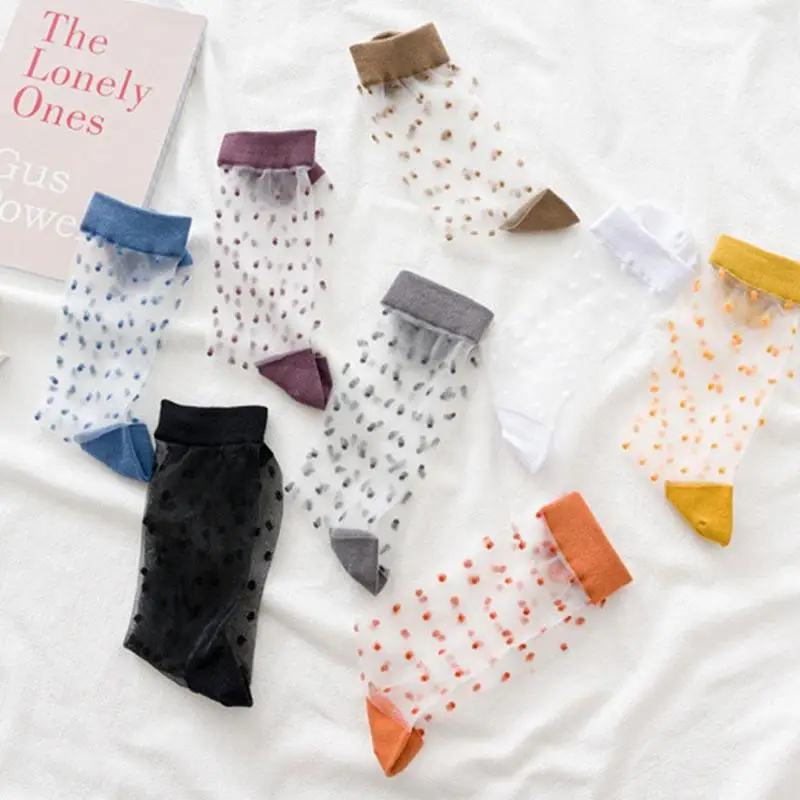 

Women Girl Ankle Socks Sheer See Through Dot Crystal Silk Lovely Home Socks Mesh Stockings Ladies Sock Thin H5P9