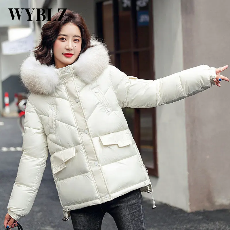 WYBLZ Winter Clothing Women Warm Cotton Jacket Hooded Fashion Padded Femme Parkas Coat Fur Collar Solid Color Loose Jackets 2021
