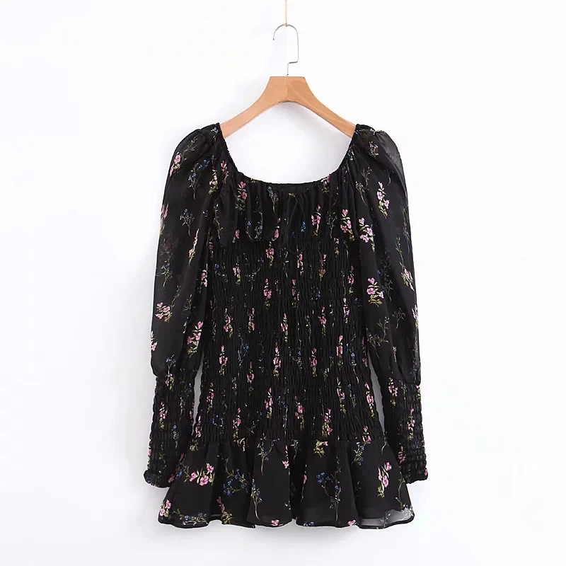 

Vintage boho black floral print mini Dress women sexy vestidos elastic wasit long sleeve dress korean ruffles ladies dresses