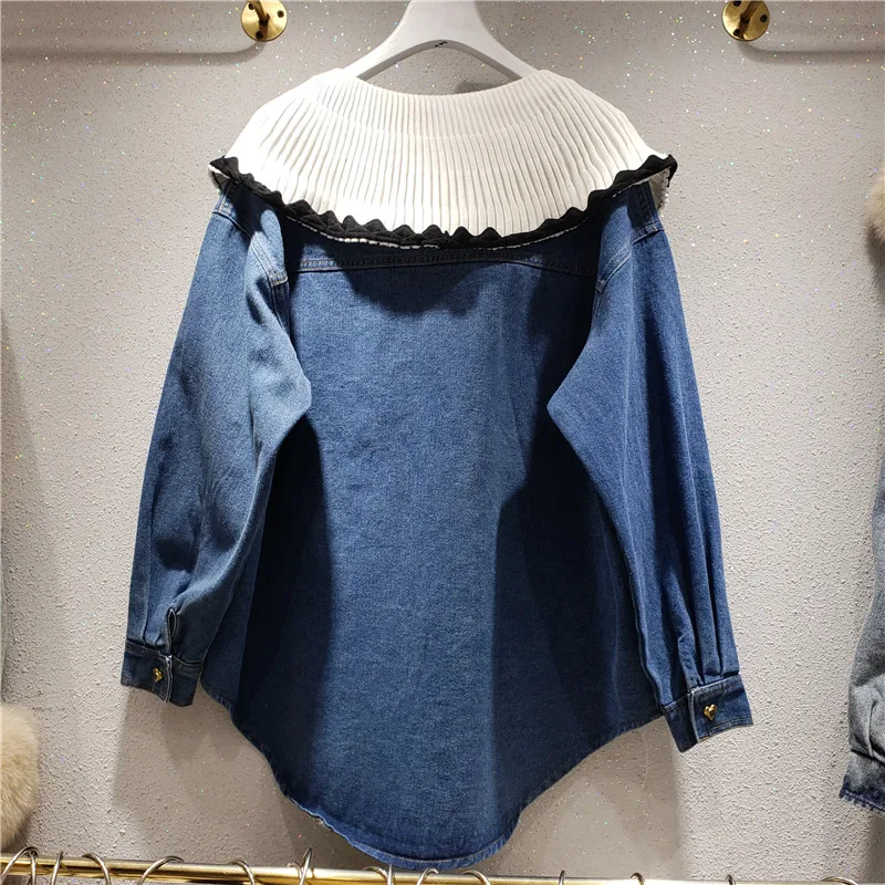 VANOVICH European and American White Lotus Leaf Collar Stitching Casual Denim Shirt 2022 Spring Autumn New Womens Tops | Женская одежда