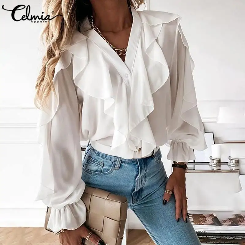 

Celmia Casual Loose Solid Tunic Sexy V-neck OL Ruffled Shirts Women 2022 Autumn Fashion Long Flare Sleeve Blouses Elegant Tops