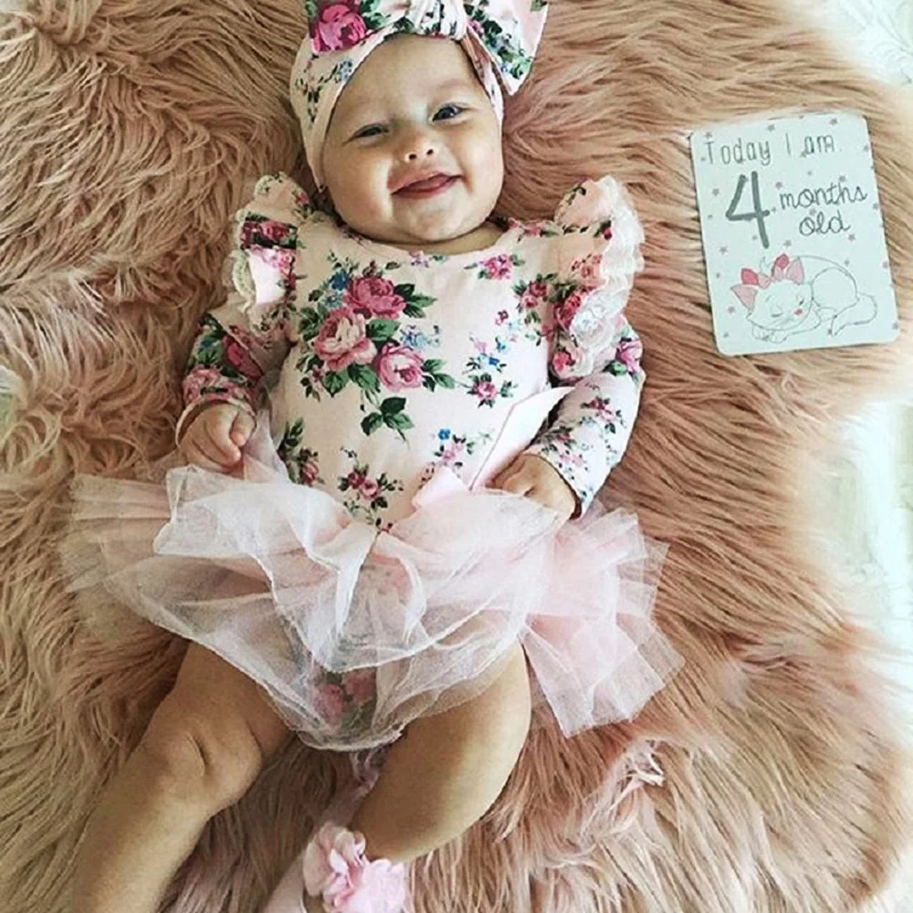 Newborn Toddler Baby Girl clothes set Floral fly sleeve Tutu Lace Dress Clothes+headband outfit clothes set