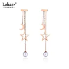 Серьги-подвески Lokaer женские из нержавеющей стали, ювелирные украшения с белыми жемчужинами и бахромой в форме звезды, луны, розовое золото, E19089