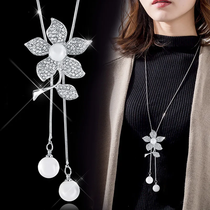 RAVIMOUR длинное ожерелье s& Кулоны Серебряная цепочка имитация жемчуга ювелирные изделия 3 цветы Макси ожерелье для женщин модное колье - Окраска металла: S3-Flower Leaf