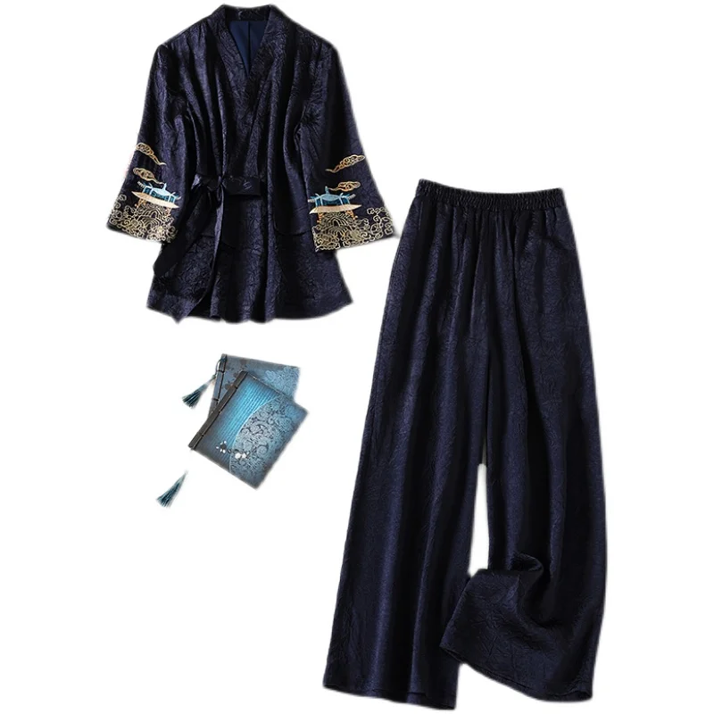 

Chinese Style Spring New Female Imitation Acetate Embroidery Elegant Belt Top + Wide Leg Pants Two-Piece Suit M-XXL