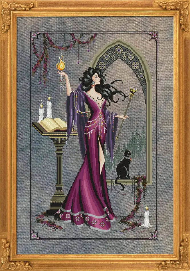 Female magician counted cross stitch package flower aida 22ct 25ct 18ct 14ct 11ct black cloth people kit embroidery