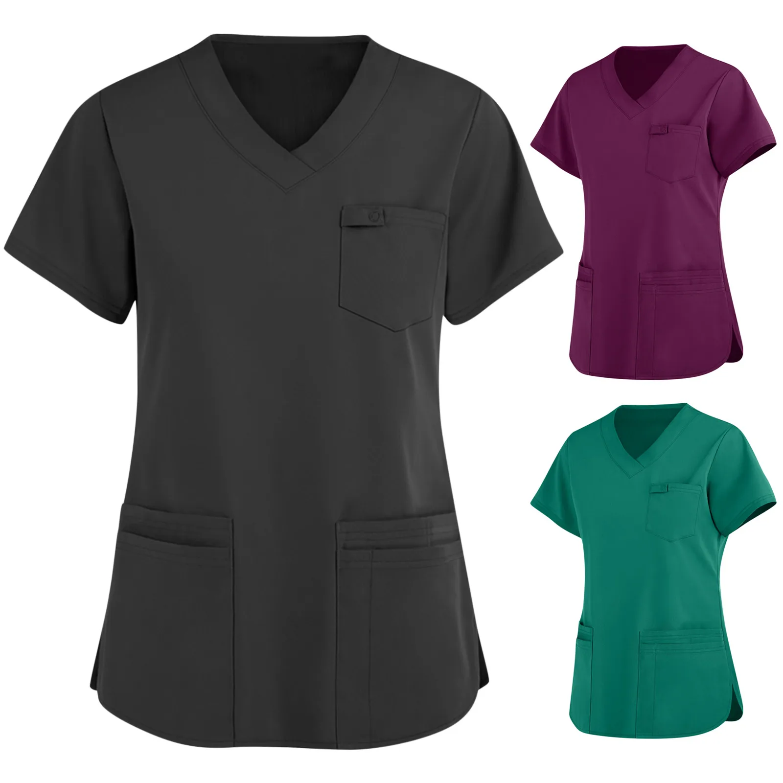 

Ladies V neck Blouses Short sleeve T-shirt 2021 New Woman Casual Loose Pockets Working Shirt Tees Tops Summer Tops T-Shirt