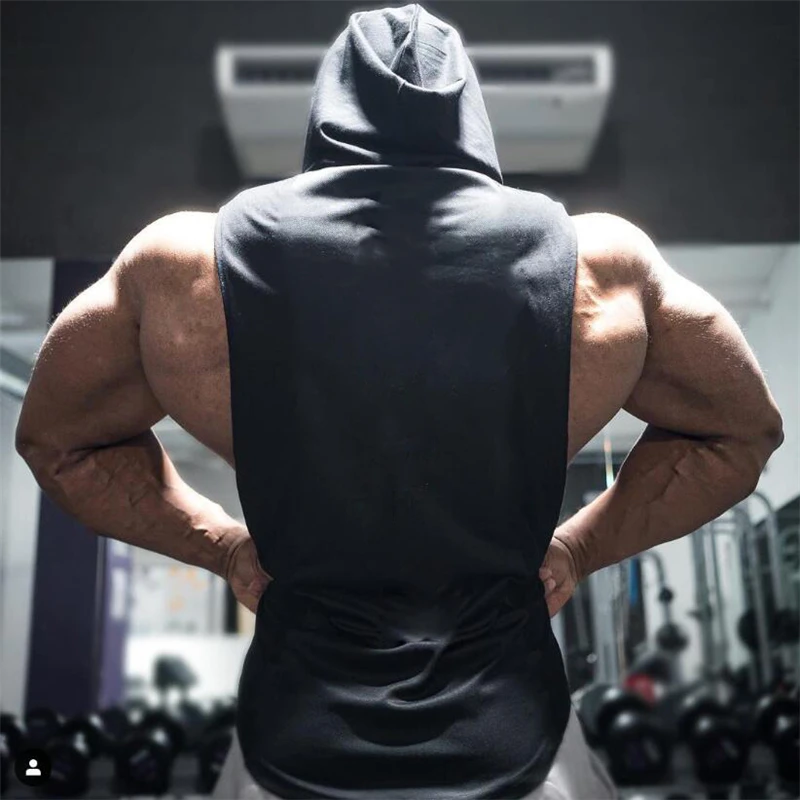 Мужская майка для спортзала с капюшоном летняя Спортивная хлопковая без рукавов
