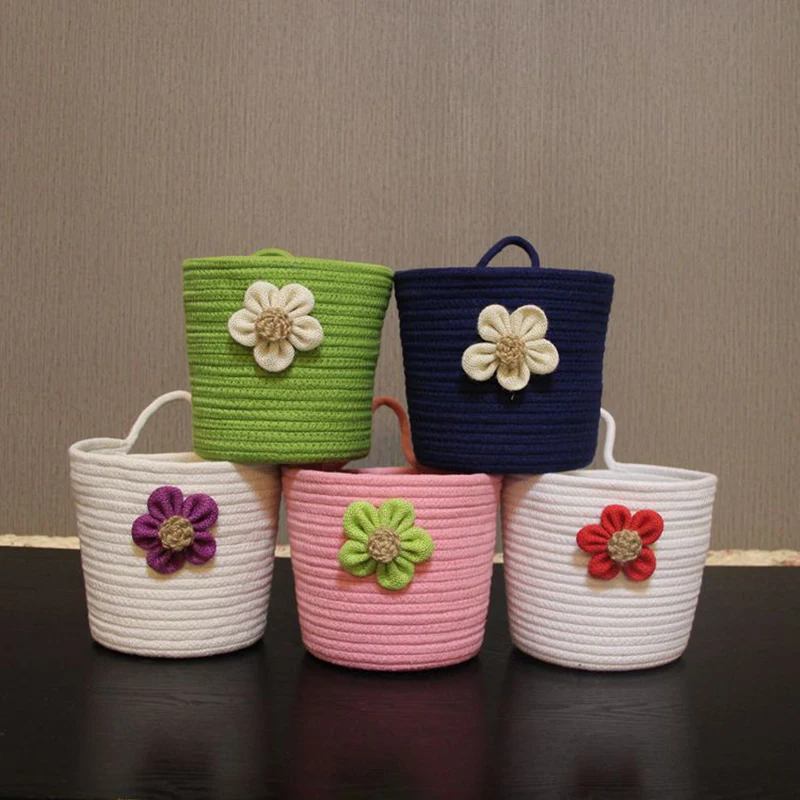 

Hand Woven Flower Basket with Handel Cotton Rope Round Storage Box Bag for Home Wall Hanging Basket Desktop Sundries Storage