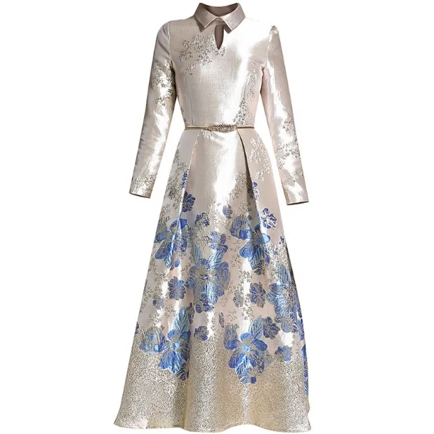 Женское жаккардовое платье с отложным воротником Элегантное Длинное