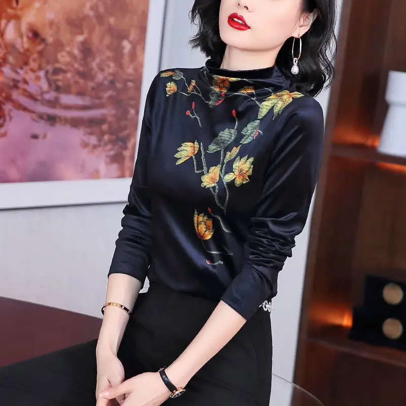 

Autumn and Winter Half High Neck T-shirt Slim Top Black Gold Velvet Printed Women's Inner Wear