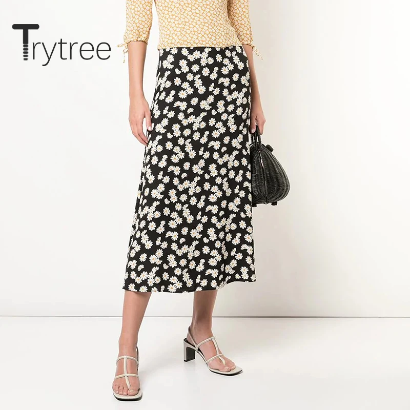 

Trytree 2020 Summer Women Casual Skirt Print Small daisies Black High Waist Fashion Elegant A-line Vintage Mid-Calf Skirt