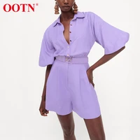 ootn casual purple playsuits lantern sleeve women short jumpsuits buttons high waist bodysuits ladies rompers cotton khaki 2021