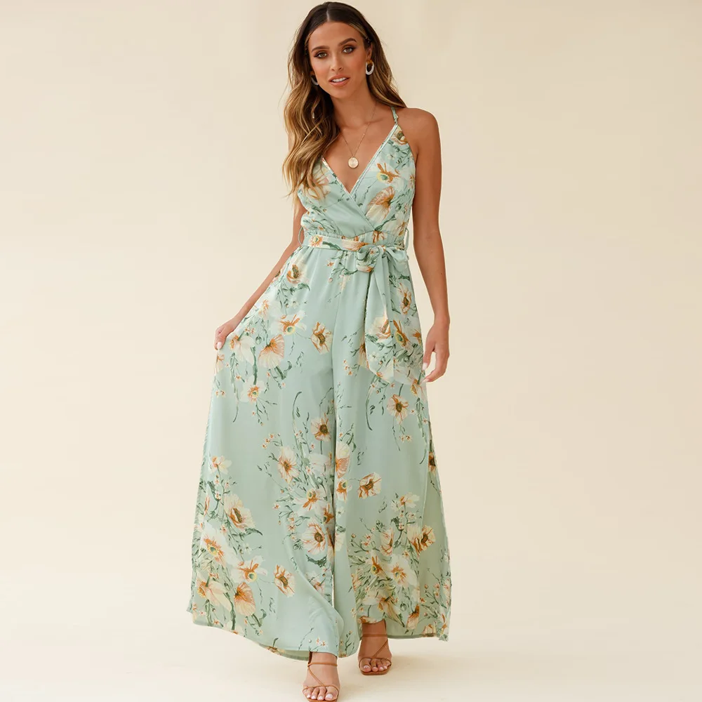 

Yg European And American Skirt Pants Summer New Sexy V-neck Suspender Jumpsuit Wide Leg Pants Women's Floral Casual Jumpsuit