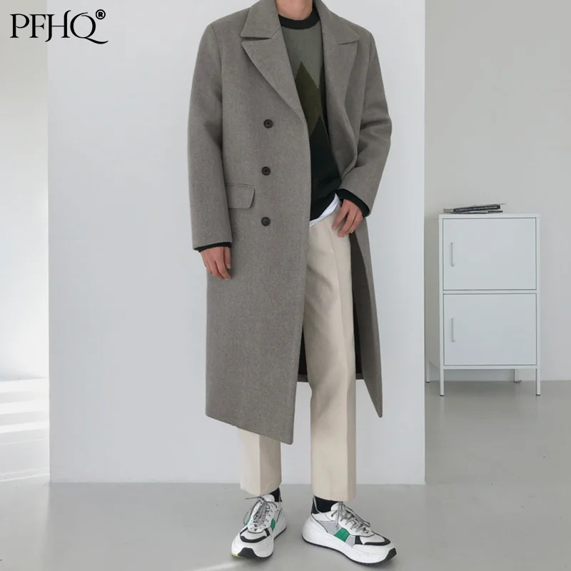 

PFHQ Woolen Coat Men Korean Fashion Over The Knee Mid Length Winter Thickening Loose Double Breasted Warm Long Coat New 21D2655